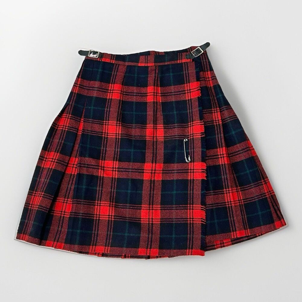 Vtg Wool MacLachlan Tartan Pleated Kilt Skirt 26/27 Waist Scottish Black Watch